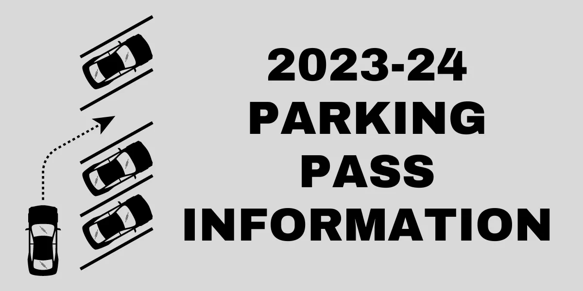  2023-24 school year parking pass information - illustration of car pulling into a parking spot