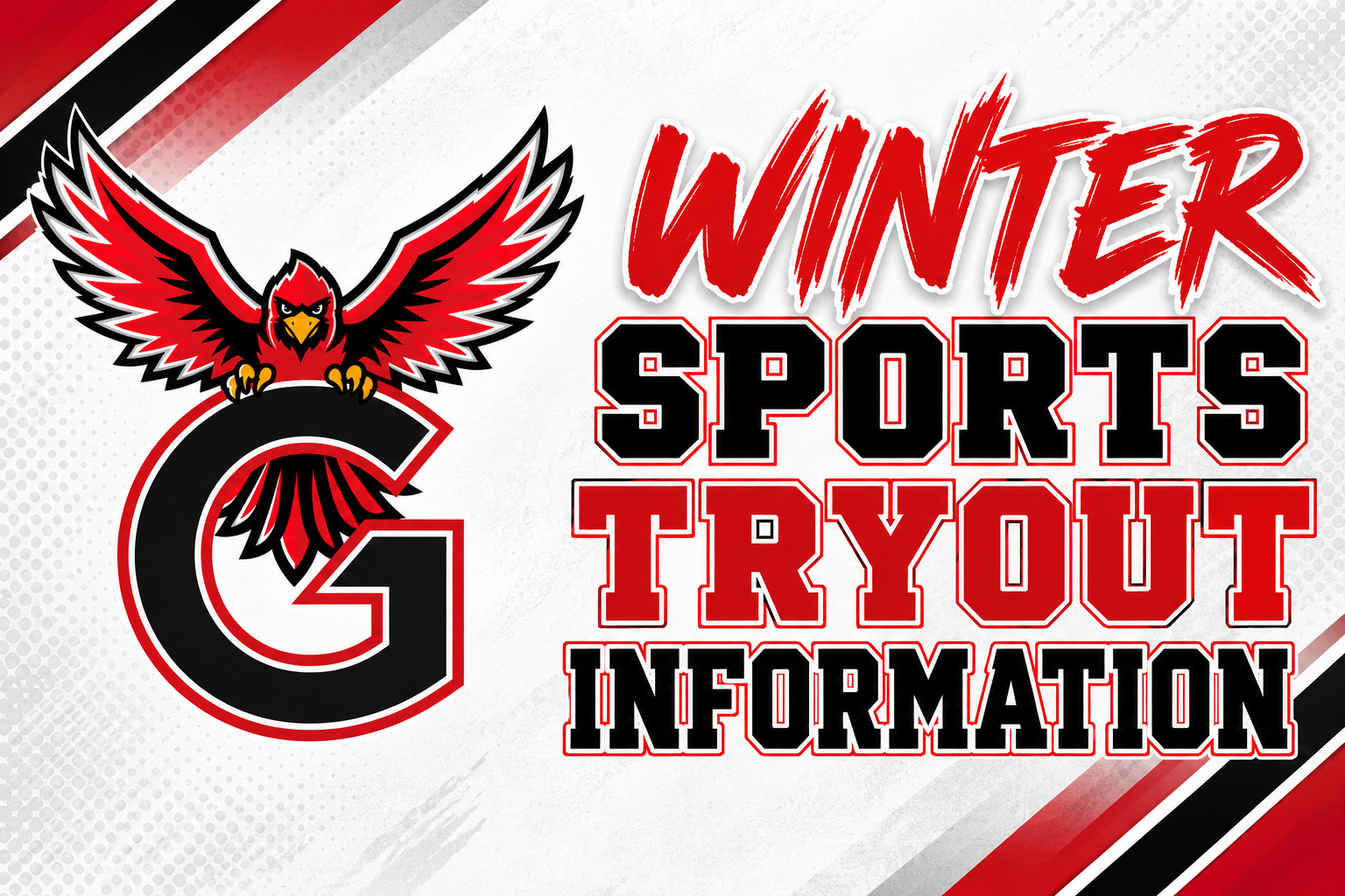 Graphic banner reading "Winter Sports Tryout Information" with a red-and-black winged bird mascot perched on a large letter G.