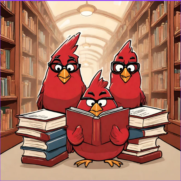 3 cartoon cardinals in a library reading
